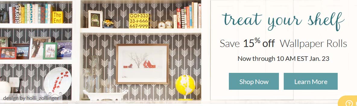 Offer: Save 15% off smooth and woven wallpaper rolls on Spoonflower from 10 a.m. EST Thursday, January 19, 2017 through 9:59 a.m. EST Monday, January 23, 2017