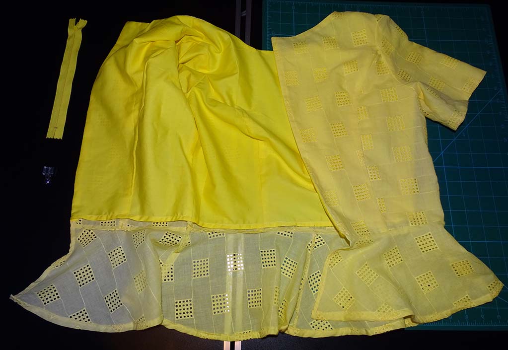 Sewing: Progress update of the yellow peplum top(last week’s sewing project) using eyelet cotton embroidery fabric and Simplicity 1650 sewing pattern