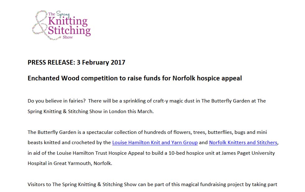 Competition: Knitting and stitching show present an Enchanted wood competition to raise funds for Norfolk hospice appeal