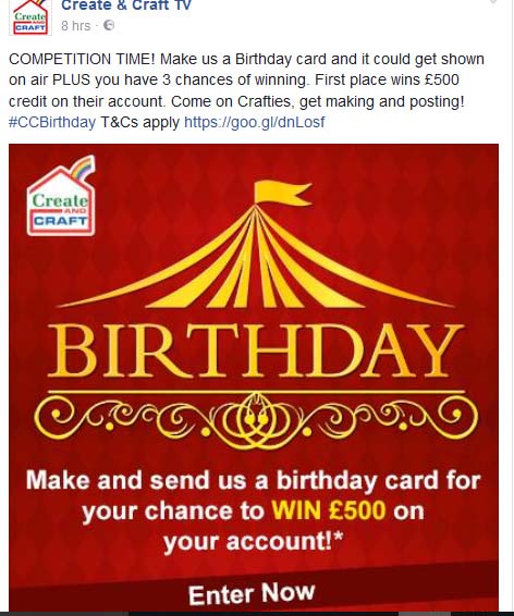 Competition: Send Create and Craft TV a birthday card for their birthday and win £500(five hundred pounds) credit to your account on Create and Craft