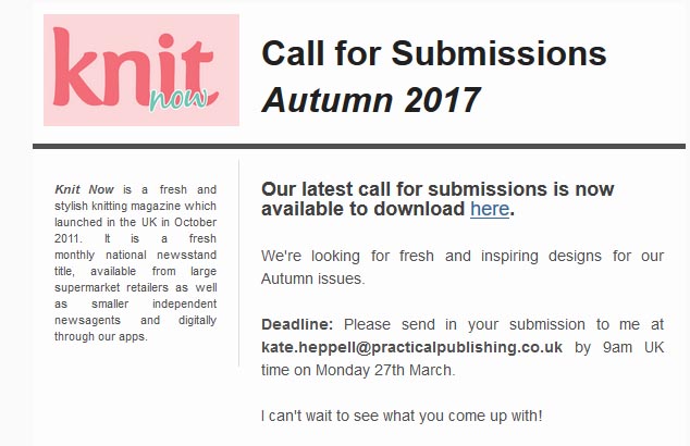 Design Submission: Knit Now calls for Autumn 2017 design submission