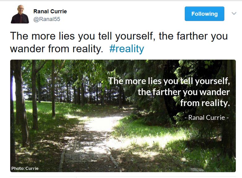 Encouraging quote: The more lies you tell yourself, the farther you wander from reality – Ranal Currie tweeted