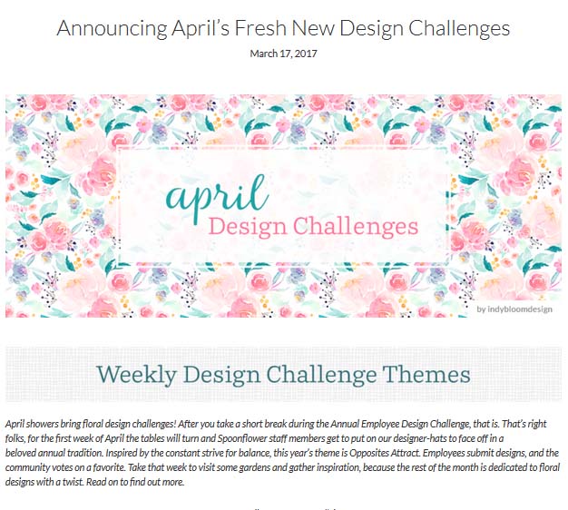 Design Challenge: Spoonflower’s design challenges for the month of April take creativity into floral designs with a twist