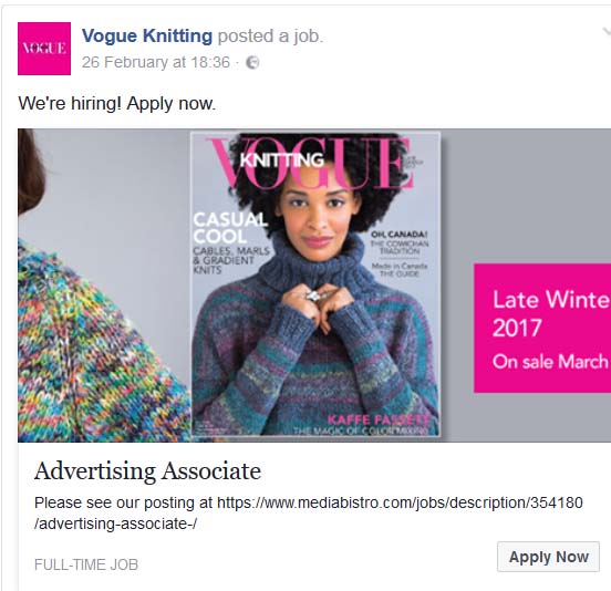 Job vacancies: Vogue Knitting is hiring!  Administrative assistant and sales person needed