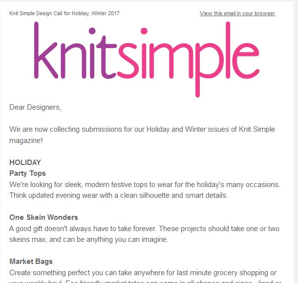 Design submission- knitting: Knit Simple calls for Holiday, Winter 2017 design submission