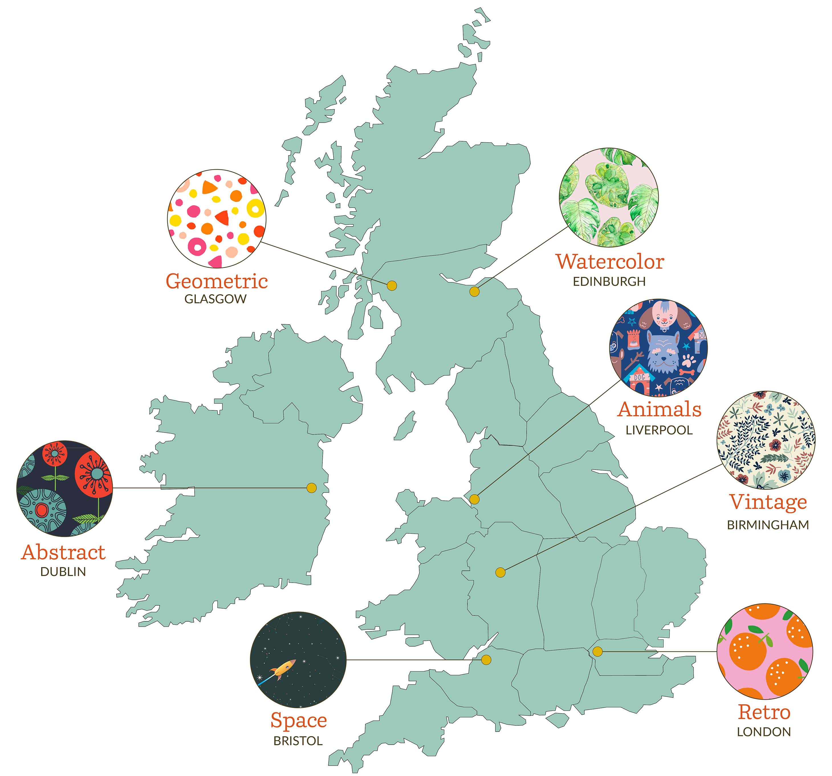 Spoonflower announces the Décor Map of the United Kingdom and Ireland with a 10% discount code(Retro2017) to celebrate the most popular design tags in the UK and Ireland.