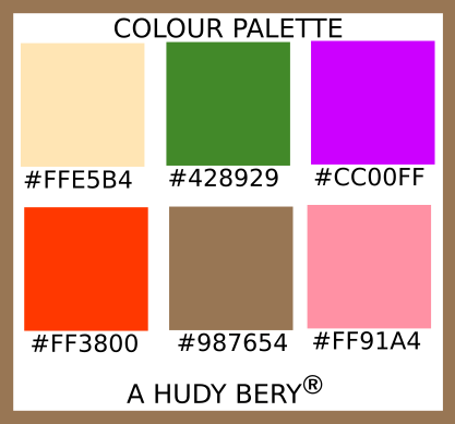 Peach, Resene La palma G57-119-130, Vivid orchid, Coquelicot, Pale brown, Salmon pink, Colour palette of the day