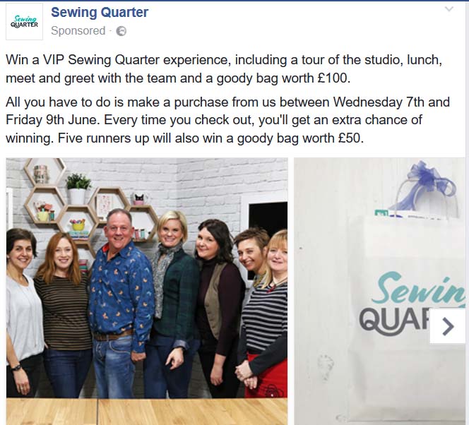 Craft TV: Make a purchase from Sewing Quarter between Wednesday 7th and Friday 9th June, 2017 and win a VIP Sewing Quarter experience, including a tour of the studio, lunch, meet and greet with the team and a goody bag worth £100