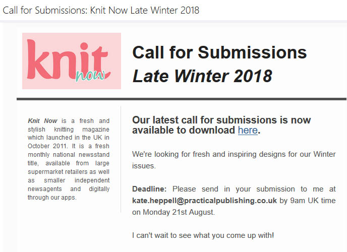 Design Call: Knit Now makes a design submission call for its late winter 2017/2018 issue with a submission deadline at 9am UK  BST(British Summer Time) on the  21st August 2017