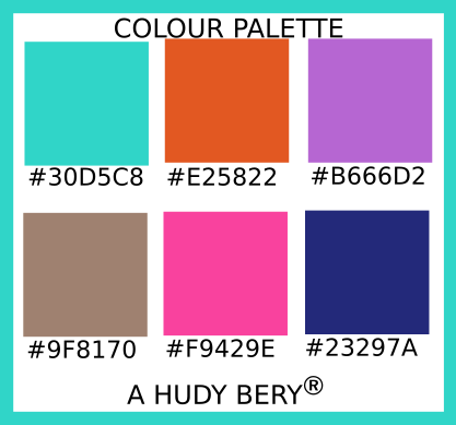 Turquoise, Flame, Rich lilac, Beaver, Rose bonbon, St Patrick’s blue, Colour palette of the day