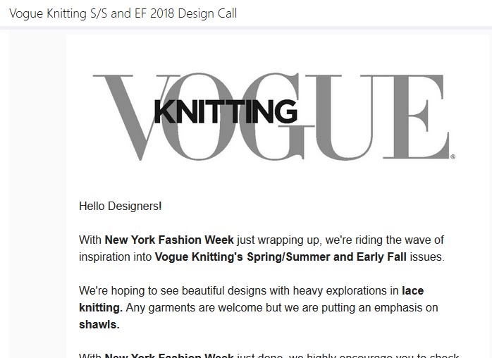 Design Submission: Vogue Knitting makes a design call submission for its 2018 Spring/Summer and Early Fall issues with a deadline of 9 AM EST Monday, October 2nd, 2017 while hinting on where to find inspiration for trends in knitwear 