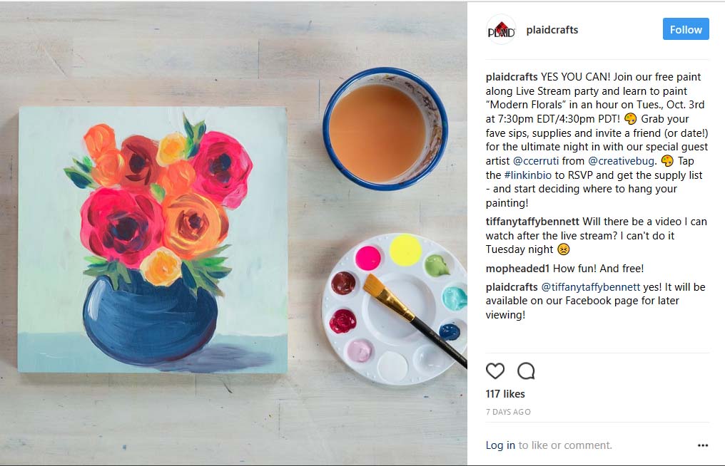 Classes- Painting: Spend an hour with PlaidCrafts and Courtney Cerruti on a free modern floral paint along at 7:30 pm EDT on the 3rd of October 2017 on the Plaid Facebook page