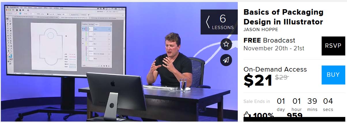 Class: It’s all about packaging as we watch and learn from the free broadcast “the basics of packaging design in Illustrator” with Jason Hoppe on Creativelive at 9 am PST 20th and 21st of November 2017