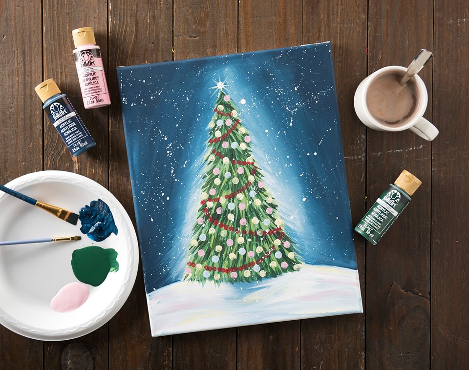 Class- Painting: Get into the festive mood and learn to paint “Holiday Magic” with PlaidCraft live stream on Facebook at 19:30-20:30 EST(Eastern Standard Time on the 7th of December 2017