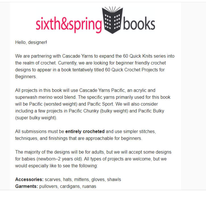 Design Submission: Criteria and submission deadline included, Soho Publishing Submission Call for 60 quick crochet designs take course