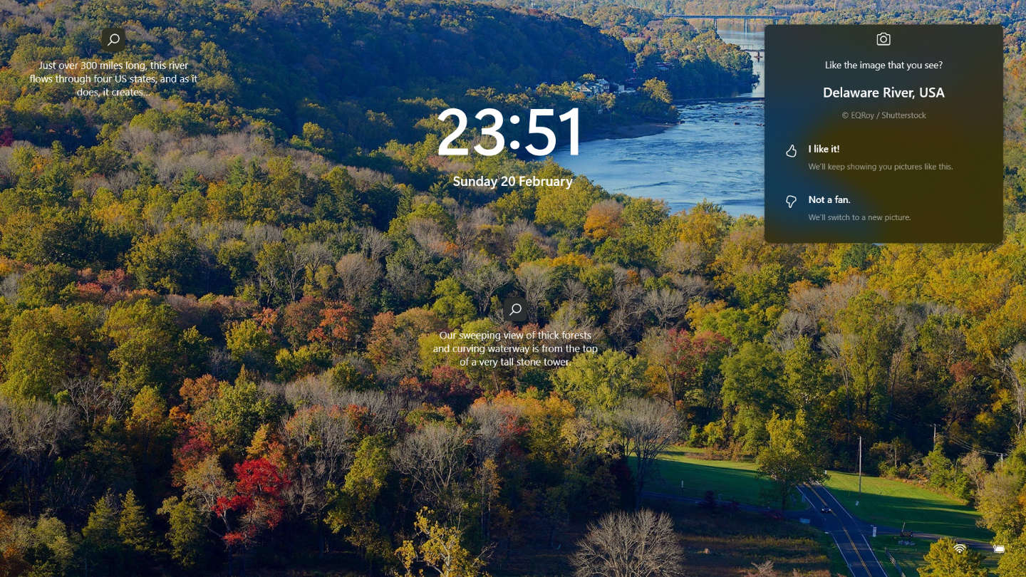 Screensaver / Lock Screen: View of the Delaware River between Pennsylvania and New Jersey, USA shows ‘Nature’s Course’ on Computer Screensaver / LockScreen