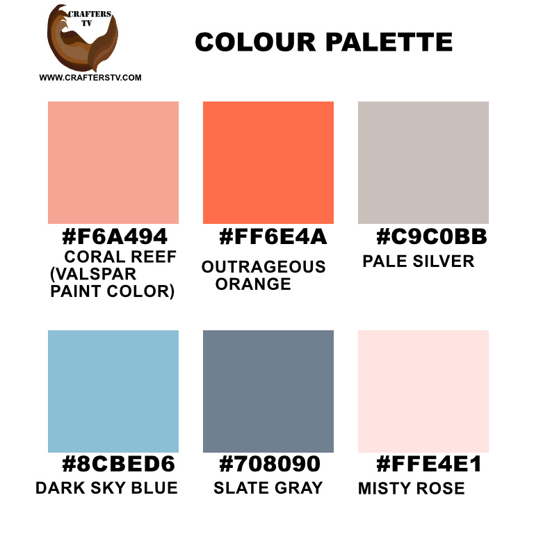 Spring To Summer Colour Palette:  Coral Reef, Outrageous Orange, Pale silver, Dark sky blue, Slate gray, Misty Rose