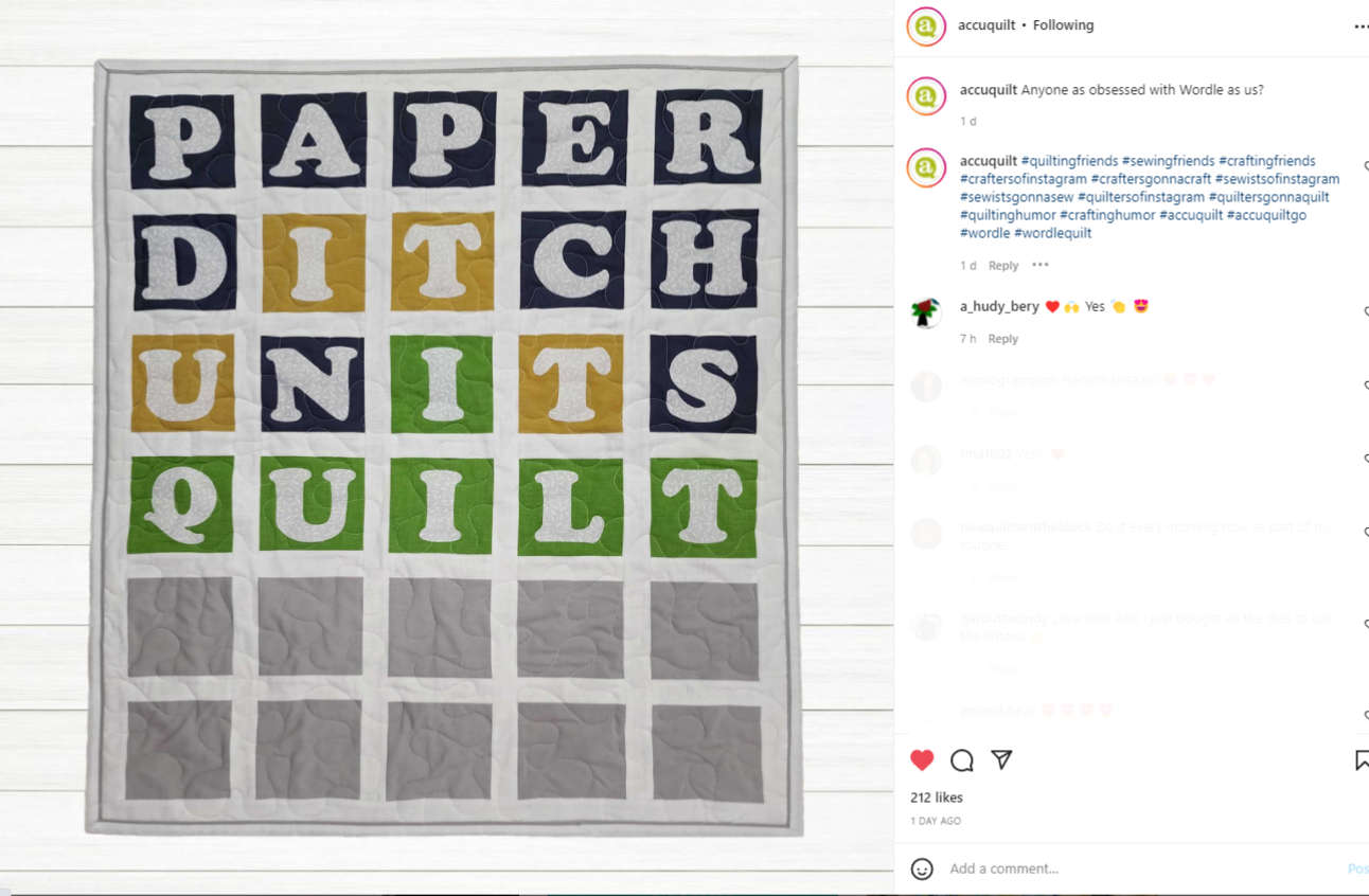 Revealing its secret obsession with the game ‘Wordle’, AccuQuilt adapts the game ‘Wordle’ to its quilt