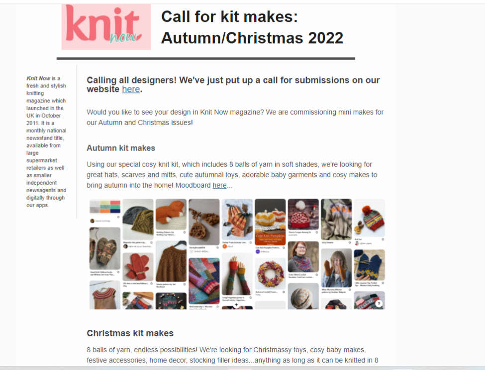 Design submission: Taking into account criteria and moodboard, Knit Now submission call for kit makes- Autumn/Christmas 2022 with 9am, Wednesday 13th April deadline