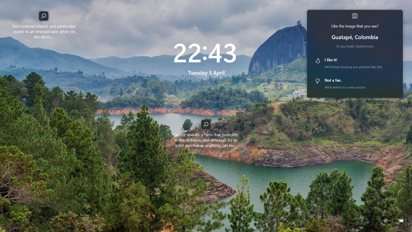 Screensaver / Lock Screen: With Dreamlike Monolith Structure formed by Mica & Quartz, A view toward El Peñón de Guatapé in Colombia shows its Emerald Rivers on Computer Lockscreen