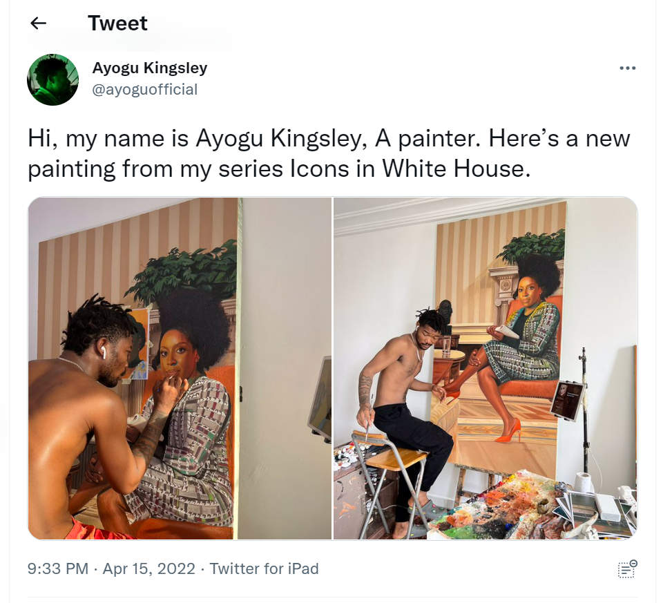 Crafters Inventory: Artist Ayogu Kingsley gives a “Painterly Touch” to Chimamanda Adichie’s Portrait in his series “Icons in White House”