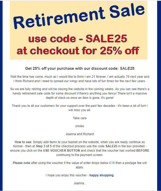 Craft News: Joanna Sheen’s website closing route with 25% discount as she prepares for retirement