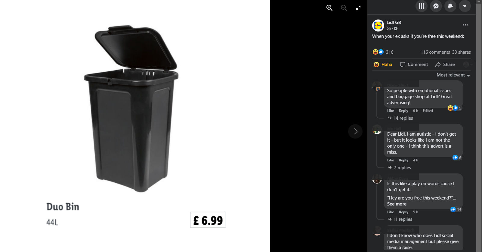 Lidl advertises its duo bin for an EX who wants to spend the weekend with an EX