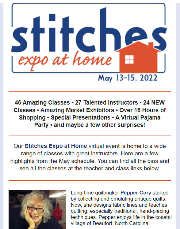 Event: Have a date with Stitches Expo at Home Explore the Classes Part 5 on May 13th- May 15th, 2022