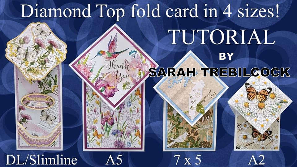 In dimensional view, Sarah Trebilcock gives perpendicular angles to the diamond top fold card