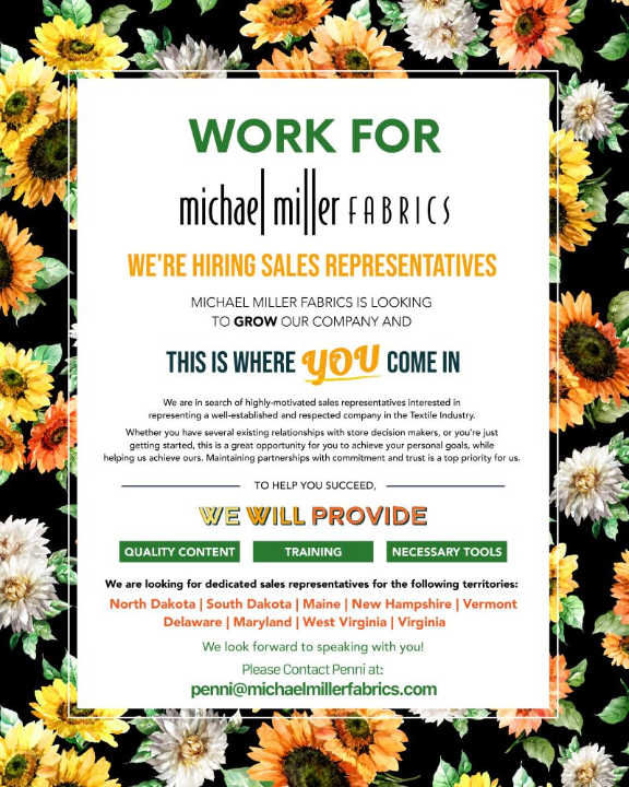 Crafters Application: #JobVacancies Micheal Miller Fabric makes sales representative vacancies known with a “we will train you” notification