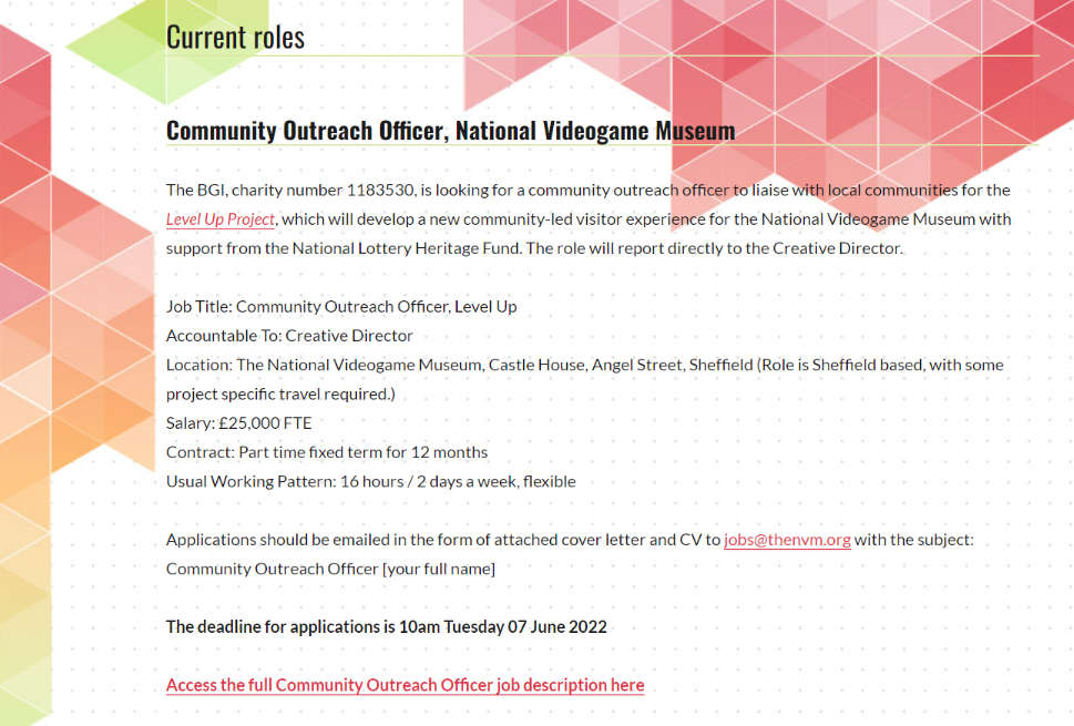 Crafters Application: #JobVacancies  BGI  announces job vacancy for Community Outreach Officer, National Videogame Museum