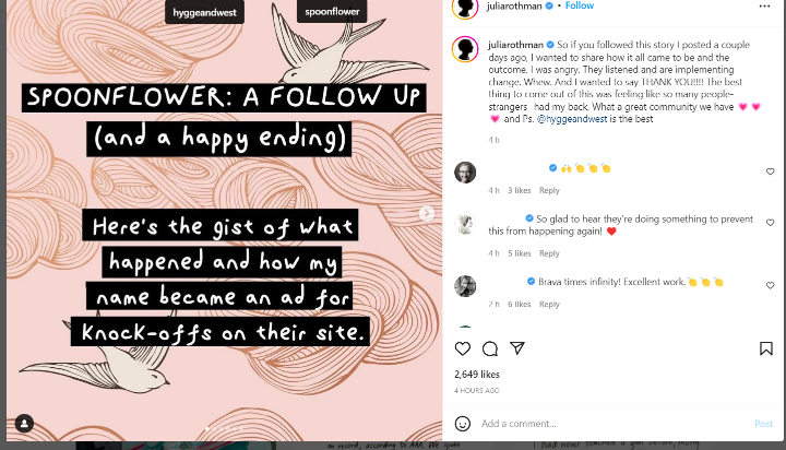 Julia Rothman sends out appreciation after the hassle with a Spoonflower Advert reveals a copycat of her design and her being tagged to the design