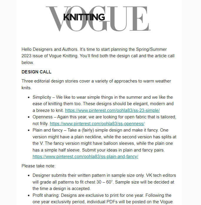 Design Submission: Vogue Knitting Design Submission Call for Spring / Summer 2023 Issue takes effect