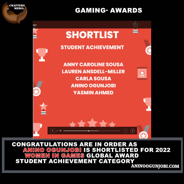 Congratulations are in order as Anino Ogunjobi is shortlisted for the 2022 Women in Games Global Award Student Achievement Category